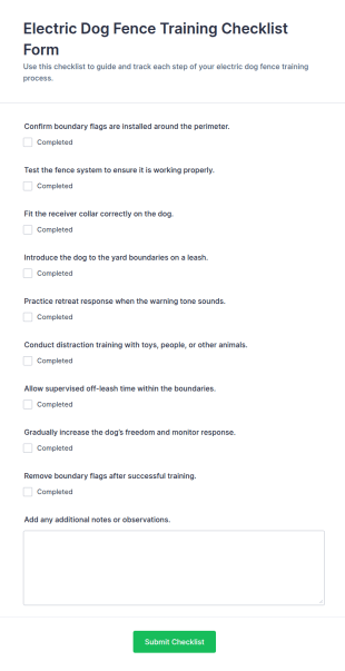 Electric Dog Fence Training Checklist Form Template