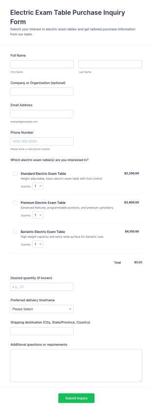 Electric Exam Table Purchase Inquiry Form Template