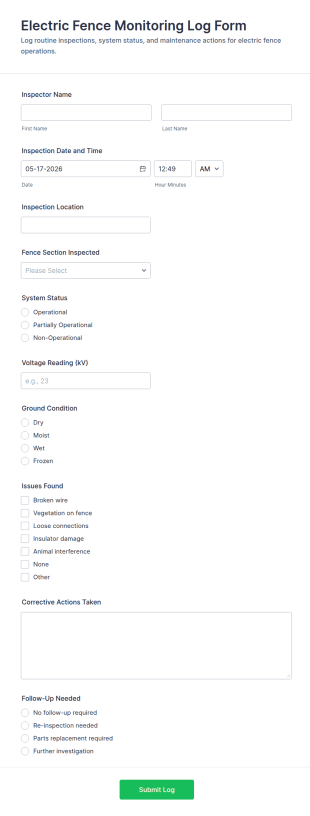 Electric Fence Monitoring Log Form Template