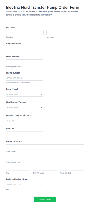 Electric Fluid Transfer Pump Order Form Template