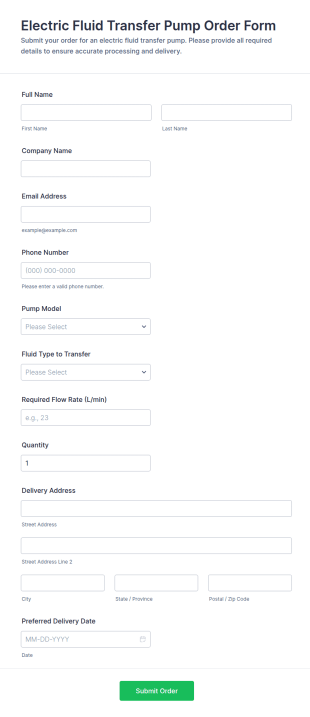 Electric Fluid Transfer Pump Order Form Template
