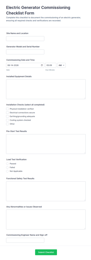 Electric Generator Commissioning Checklist Form Template