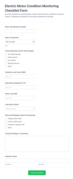 Electric Motor Condition Monitoring Checklist Form Template