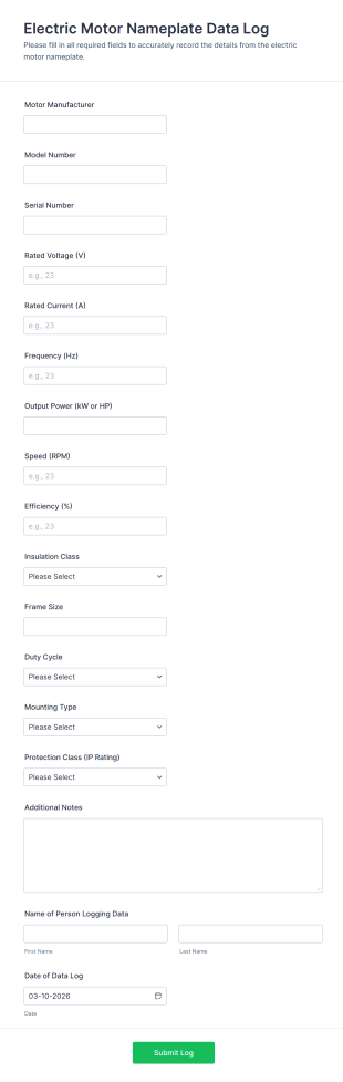 Electric Motor Nameplate Data Log Form Template
