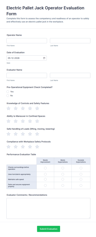 Electric Pallet Jack Operator Evaluation Form Template