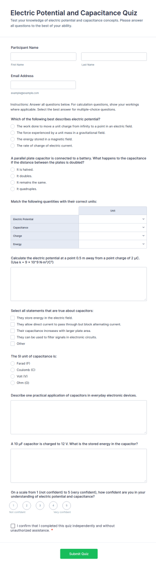 Electric Potential And Capacitance Quiz Form Template