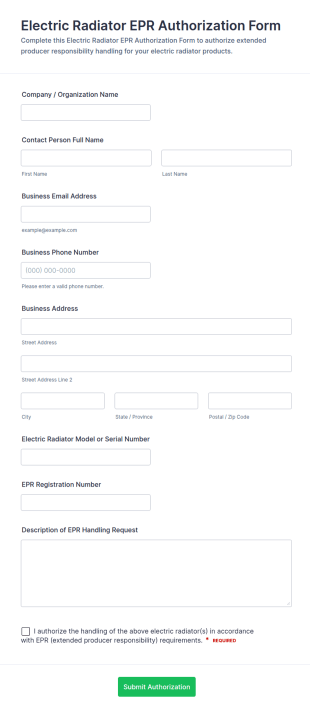 Electric Radiator EPR Authorization Form Template
