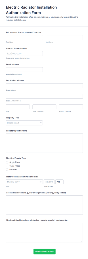 Electric Radiator Installation Authorization Form Template