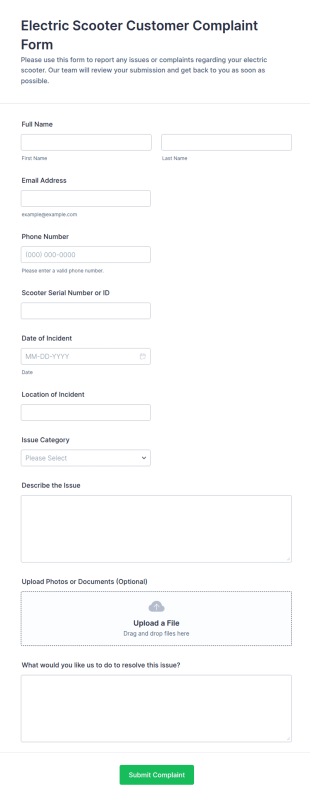 Electric Scooter Customer Complaint Form Template