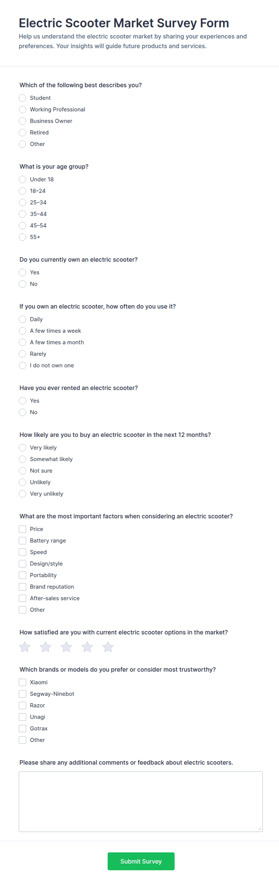 Electric Scooter Market Survey Form Template | Jotform