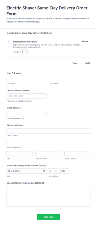 Electric Shaver Same Day Delivery Order Form Template