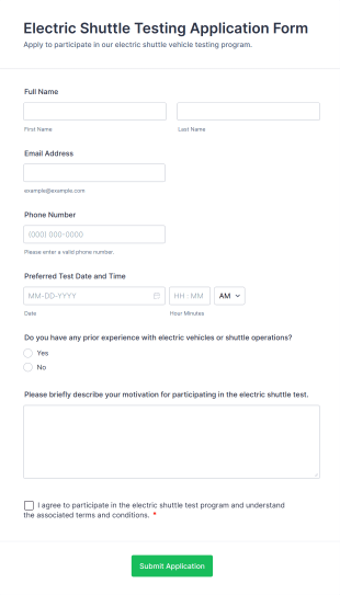 Electric Shuttle Testing Application Form Form Template