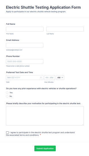 Electric Shuttle Testing Application Form Template