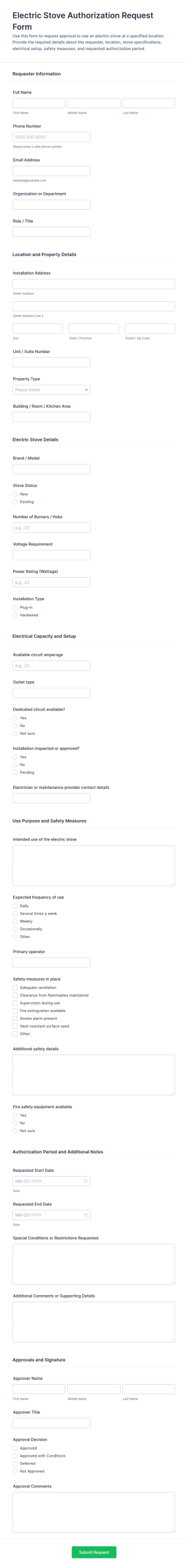 Electric Stove Authorization Request Form Template