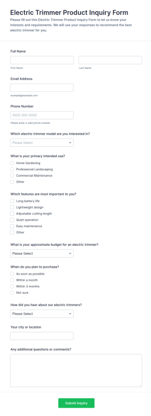 Electric Trimmer Product Inquiry Form Template