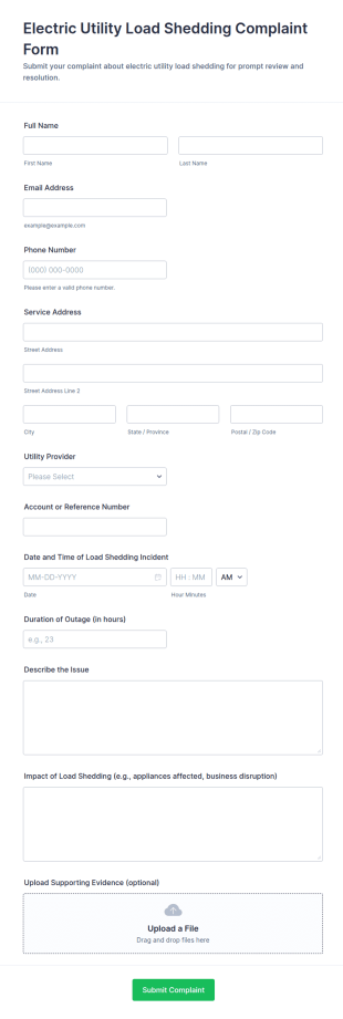 Electric Utility Load Shedding Complaint Form Template