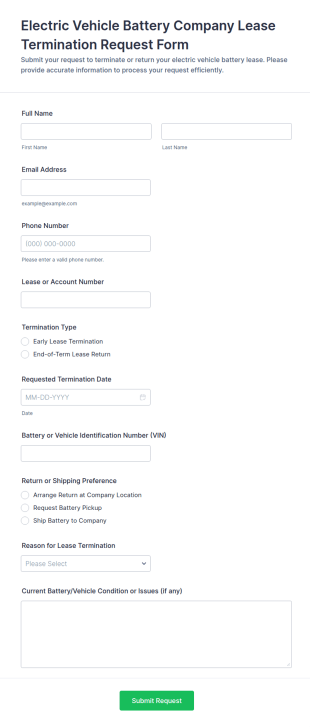 Electric Vehicle Battery Company Lease Termination Request Form Template