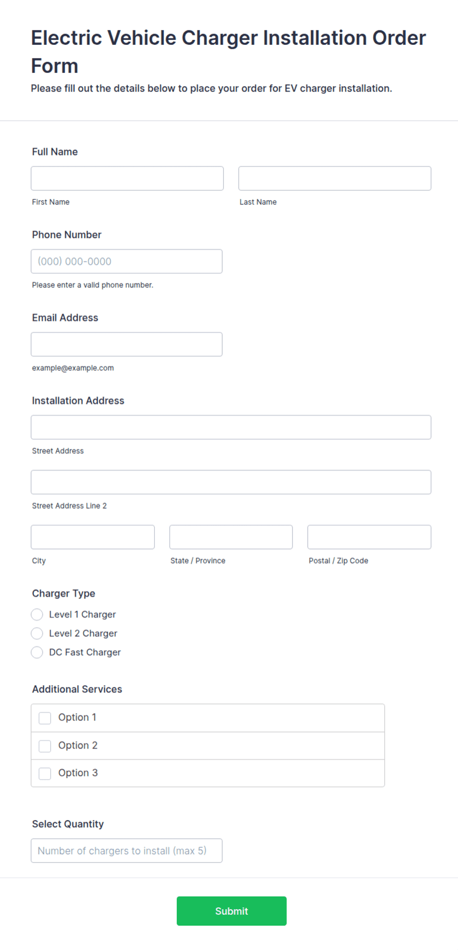 Ev Order Form Electric Vehicle Charger Installation Order Form Template | Jotform