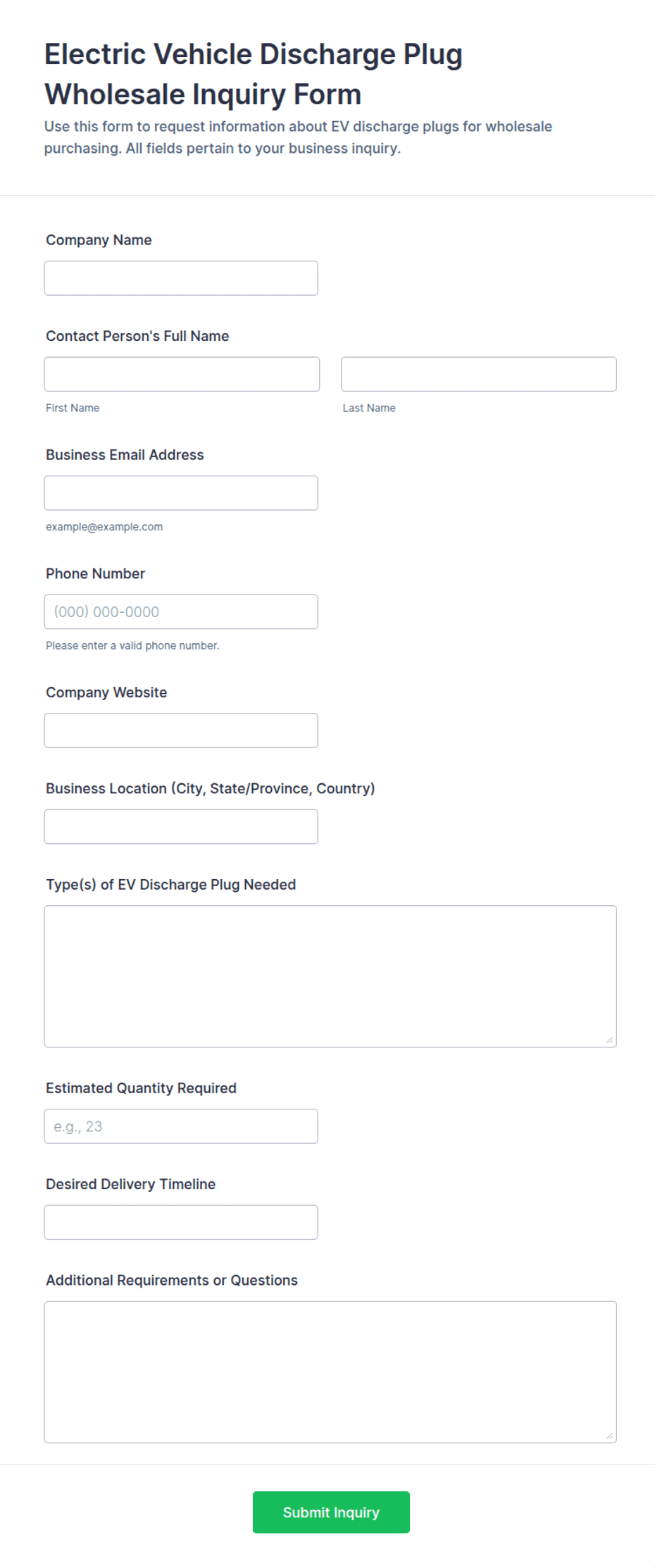 Electric Vehicle Discharge Plug Wholesale Inquiry Form Template | Jotform