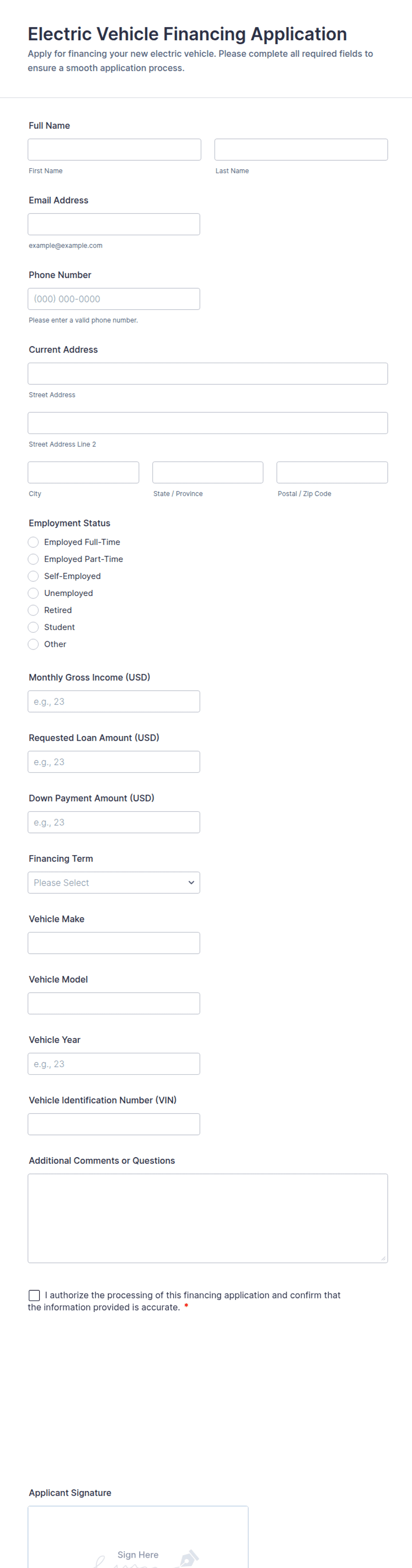 Ev Order Form Electric Vehicle Financing Application Form Template | Jotform