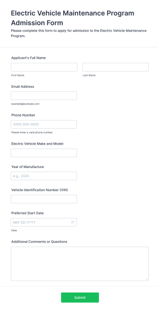 Electric Vehicle Maintenance Program Admission Form Form Template