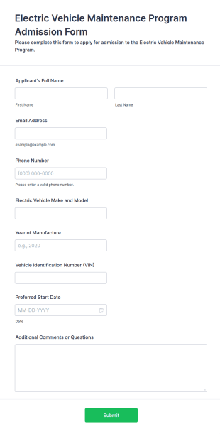 Electric Vehicle Maintenance Program Admission Form Template