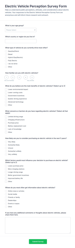 Electric Vehicle Perception Survey Form Template