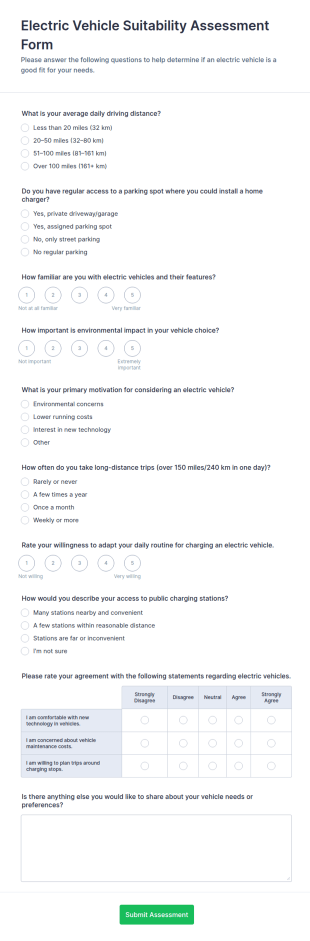 Electric Vehicle Suitability Assessment Form Template