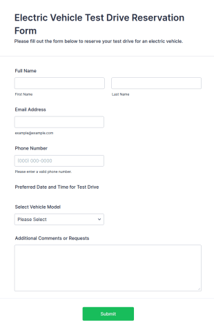 Electric Vehicle Test Drive Reservation Form Template