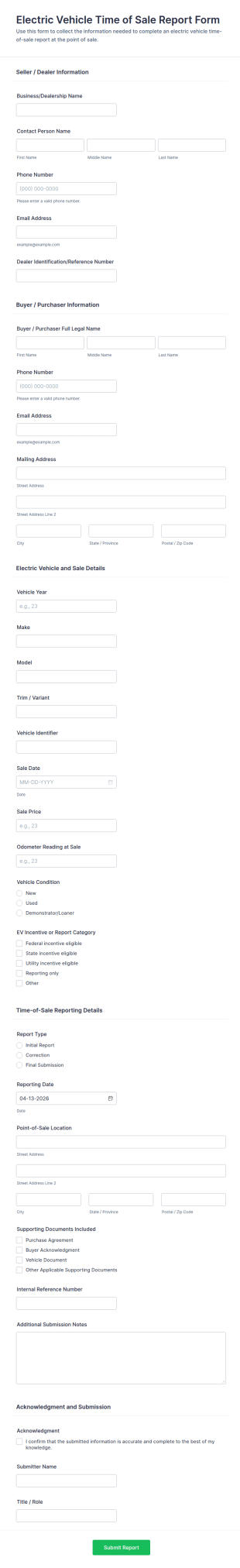 Electric Vehicle Time Of Sale Report Form Template