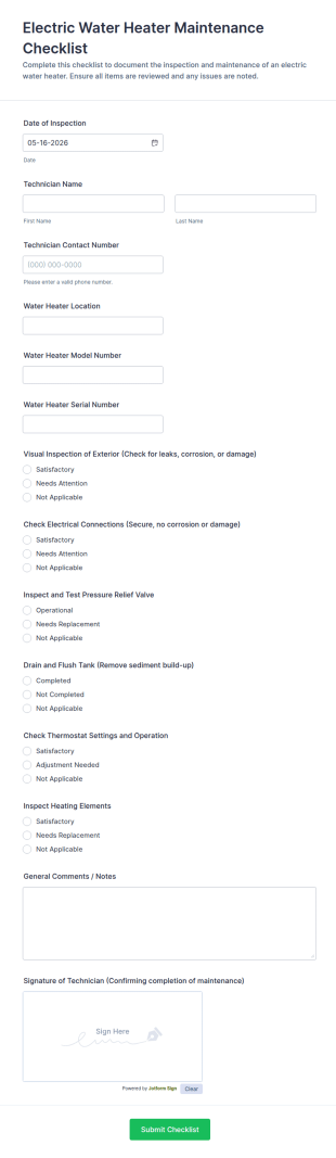 Electric Water Heater Maintenance Checklist Form Template
