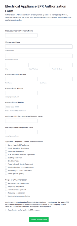 Electrical Appliance EPR Authorization Form Template