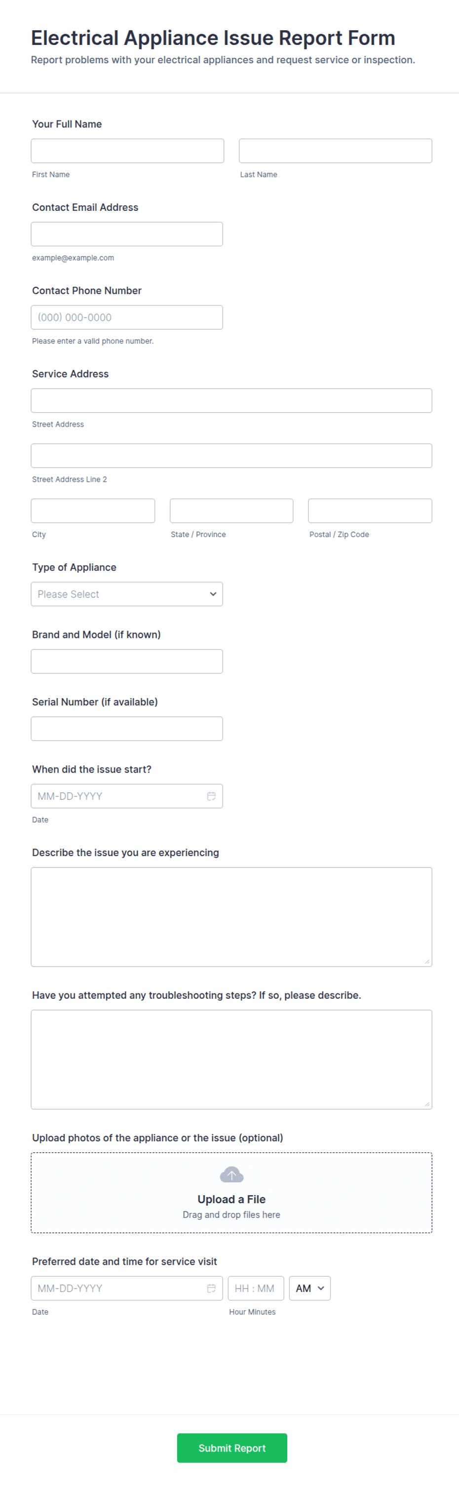 Machine Problem Report Form Electrical Appliance Issue Report Form Template | Jotform