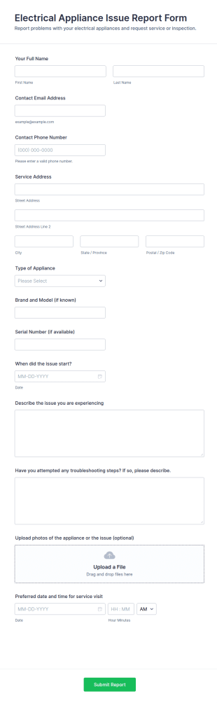 Electrical Appliance Issue Report Form Template