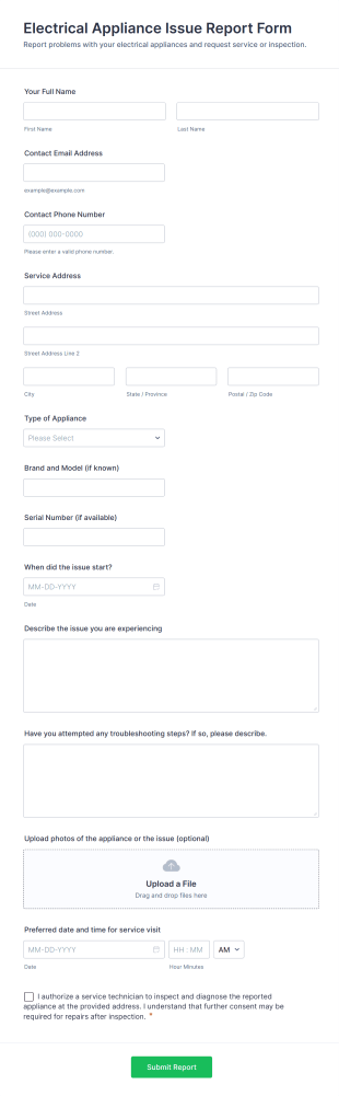 Electrical Appliance Issue Report Form Template