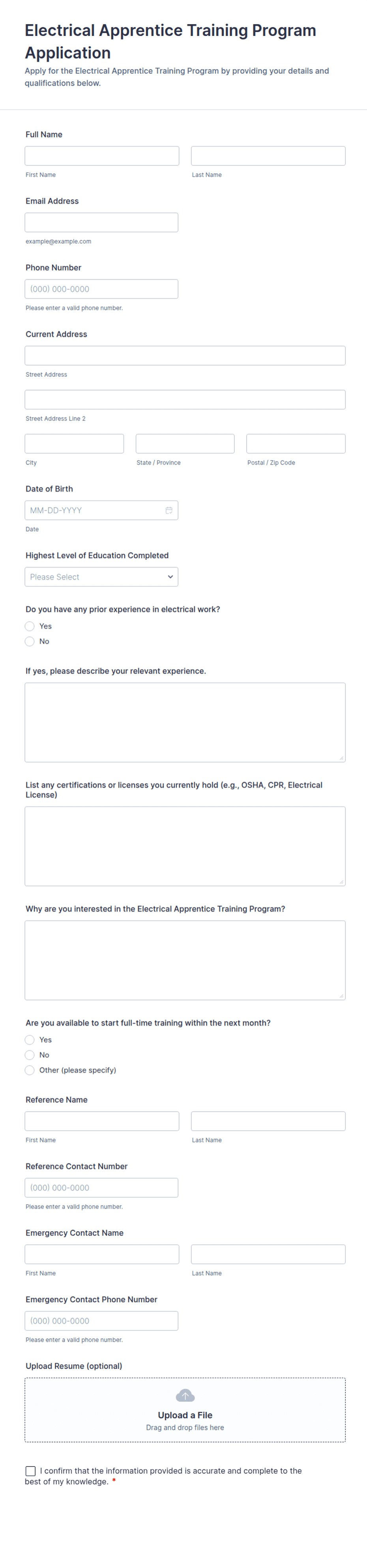Electrical Apprentice Training Program Application Form Template | Jotform