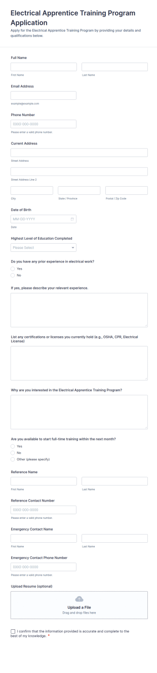 Electrical Apprentice Training Program Application Form Template