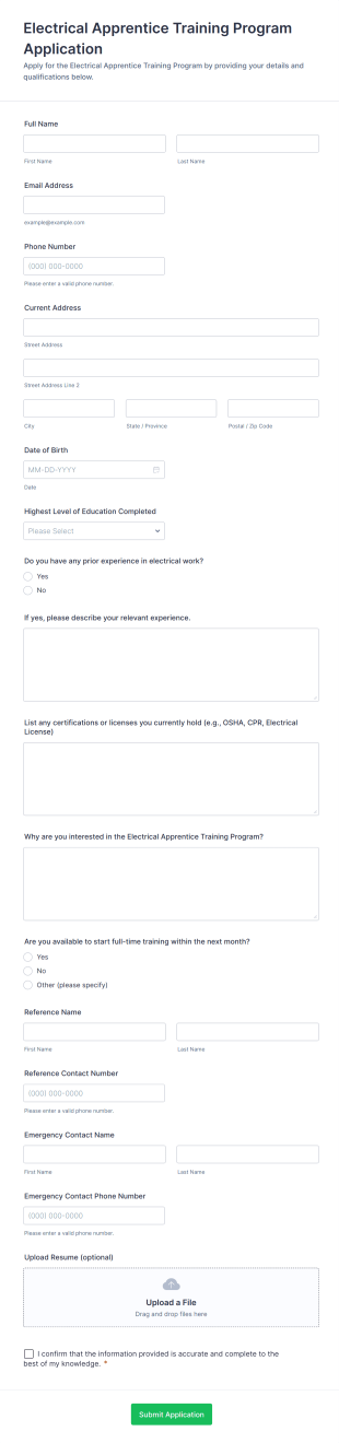 Electrical Apprentice Training Program Application Form Template