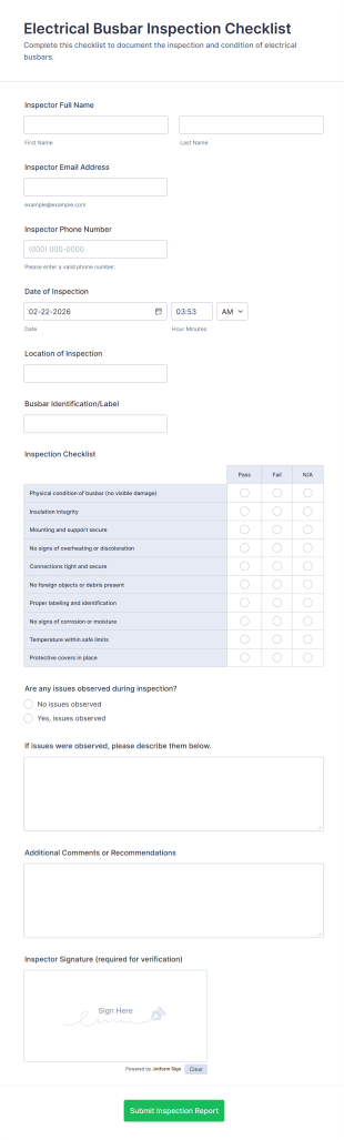 Electrical Busbar Inspection Checklist Form Template