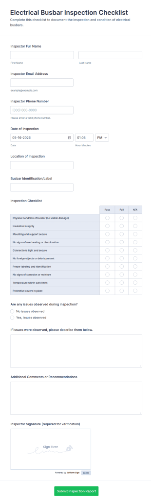 Electrical Busbar Inspection Checklist Form Template