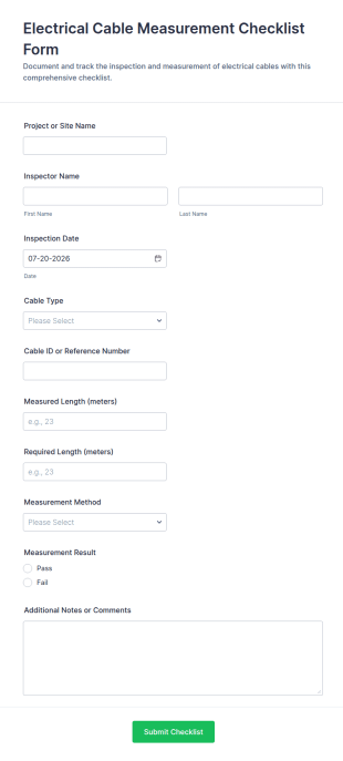 Electrical Cable Measurement Checklist Form Template