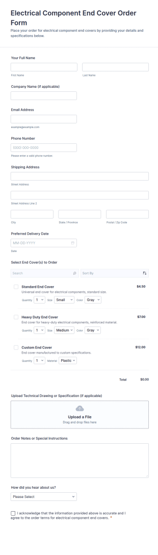 Electrical Component End Cover Order Form Template