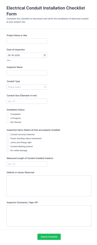 Electrical Conduit Installation Checklist Form Template