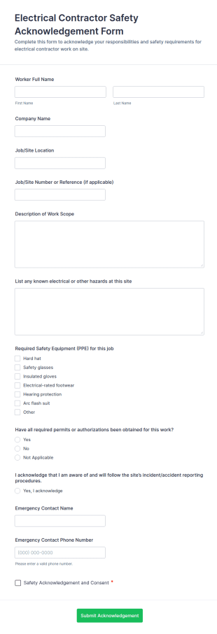 Electrical Contractor Safety Acknowledgement Form Template
