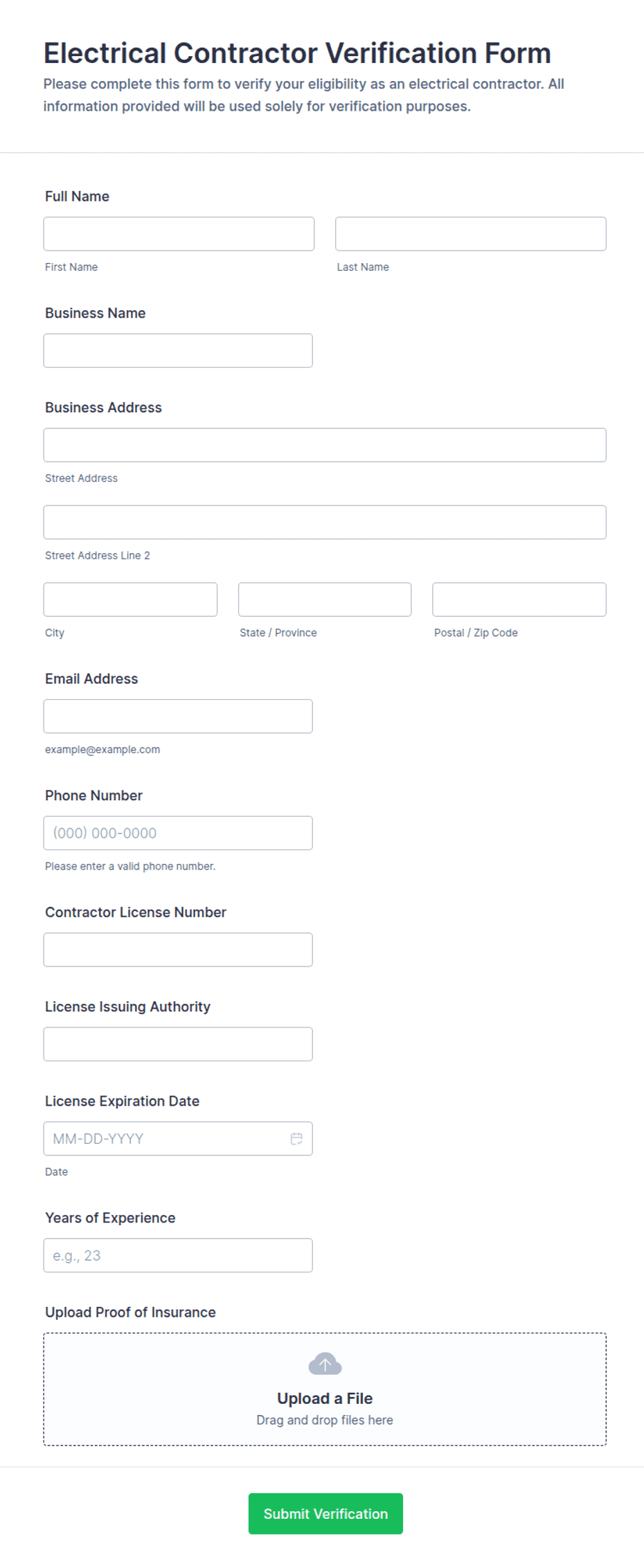 Electrical Contractor Verification Form Template | Jotform