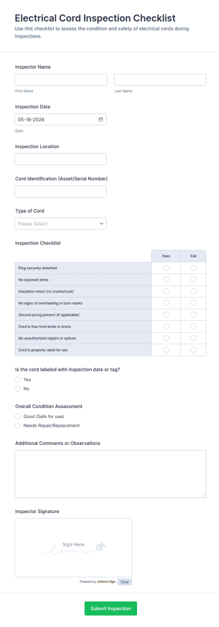 Electrical Cord Inspection Checklist Form Template