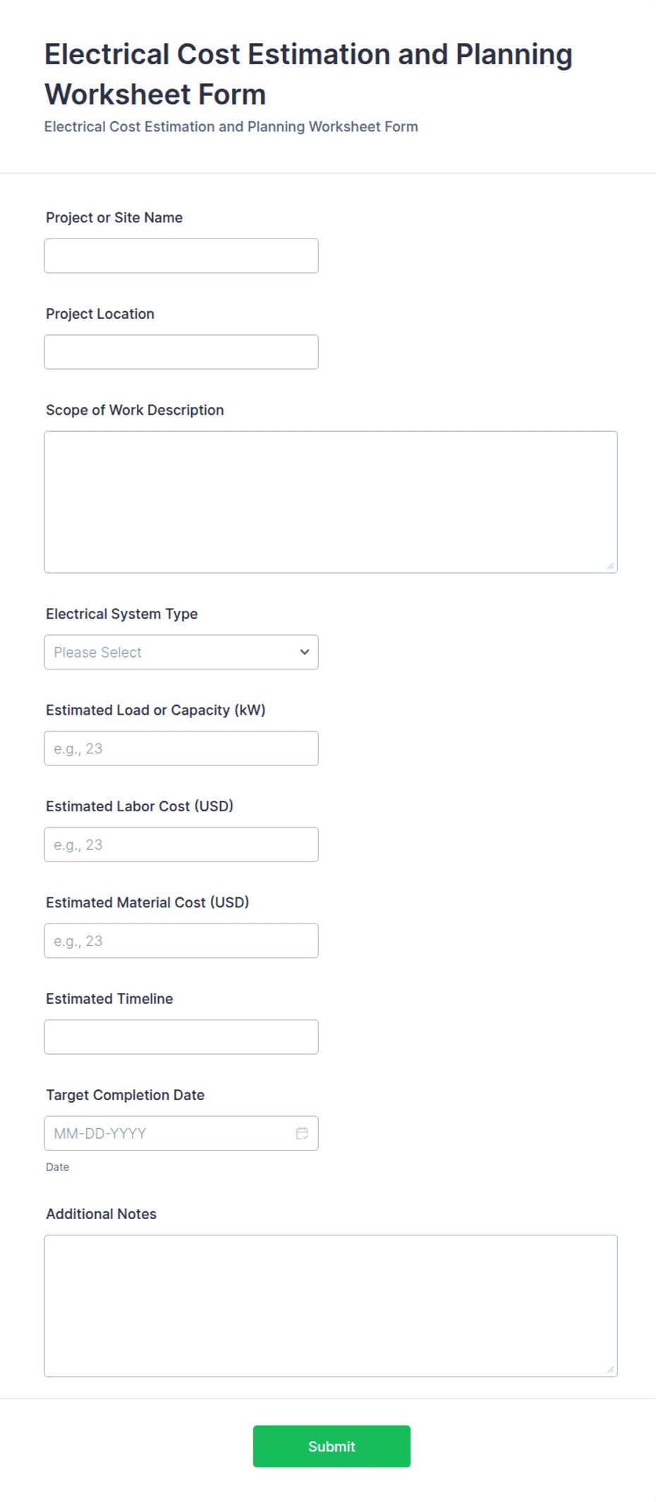 Electrical Cost Estimation and Planning Worksheet Form Template | Jotform