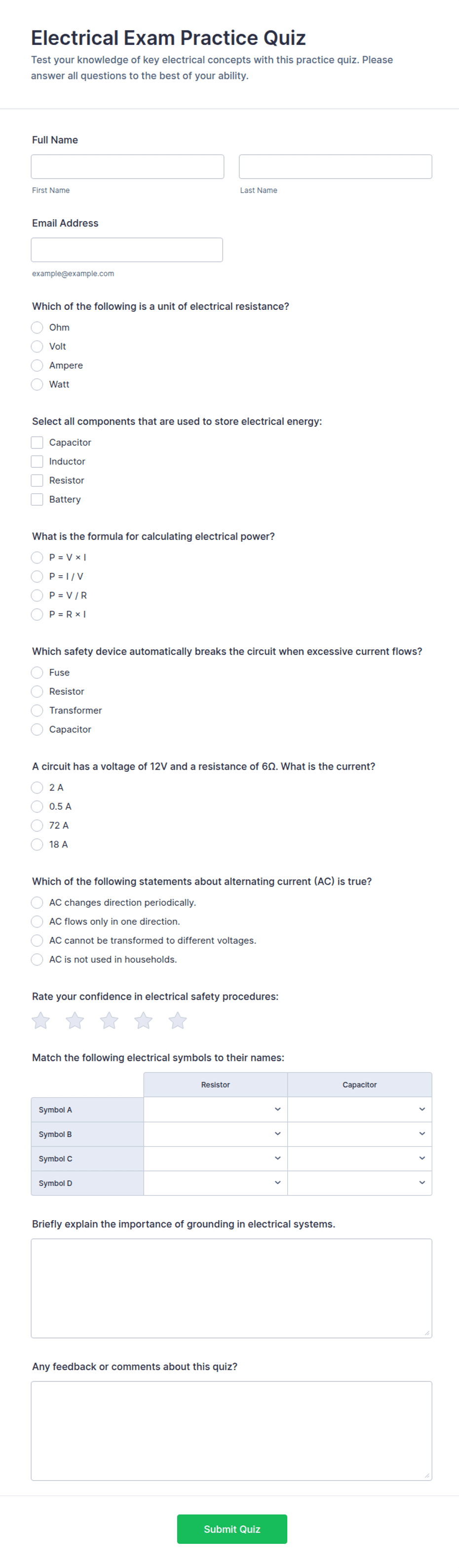 Electrical Exam Practice Quiz Form Template | Jotform