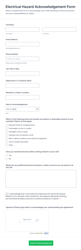 Electrical Hazard Acknowledgement Form Template