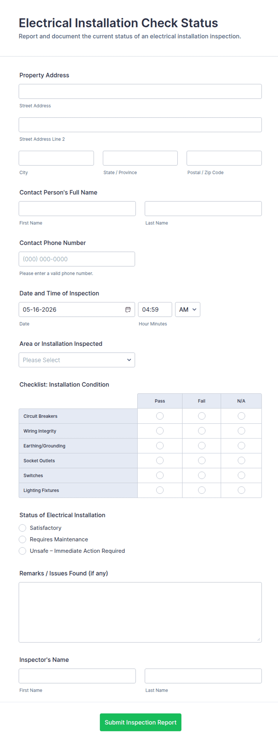 Installation Status Electrical Installation Check Status Form Template | Jotform